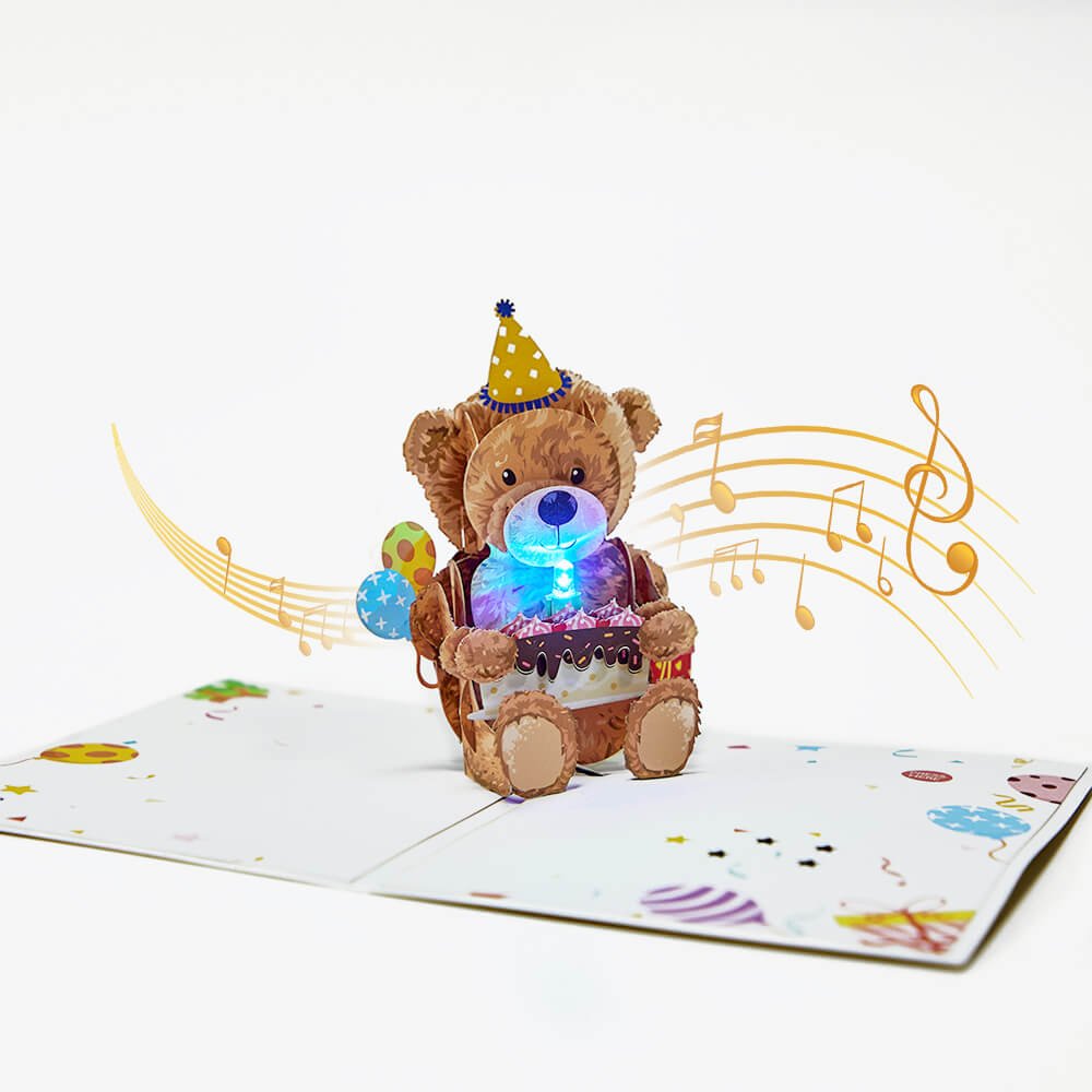 LED Lights & Music Teddy Bear Birthday 3D Pop Up Card