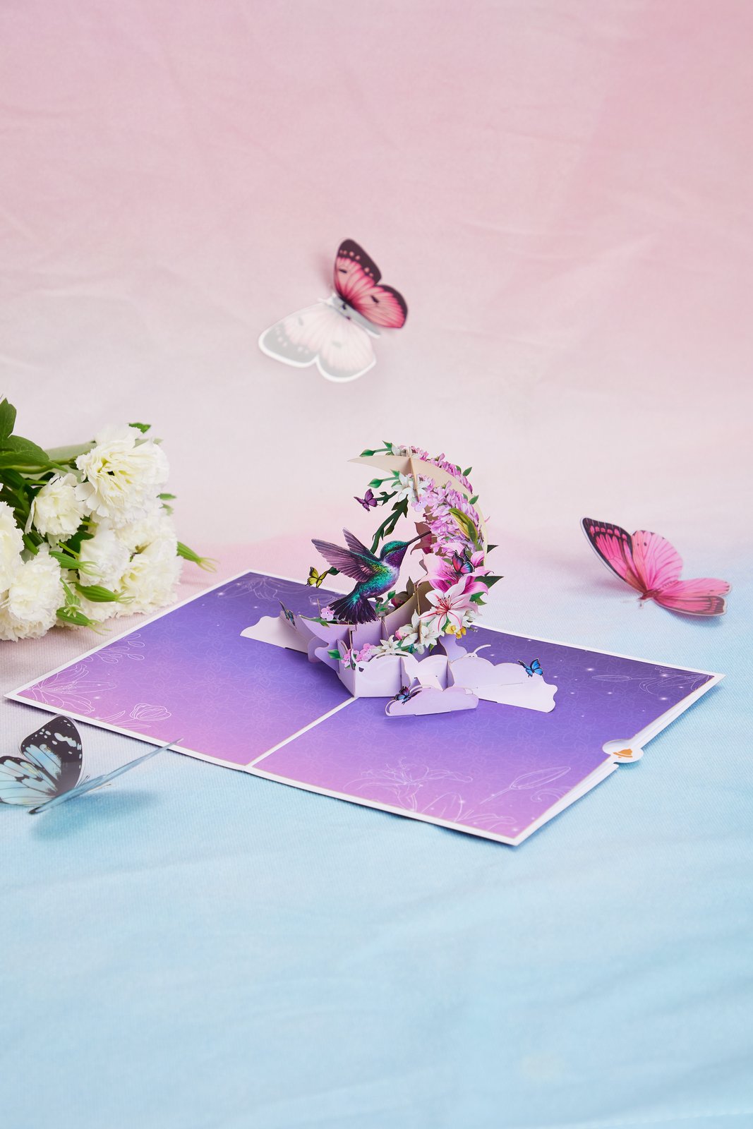 Hummingbird Fresh Flowers Crescent Moon 3D Pop Up Card