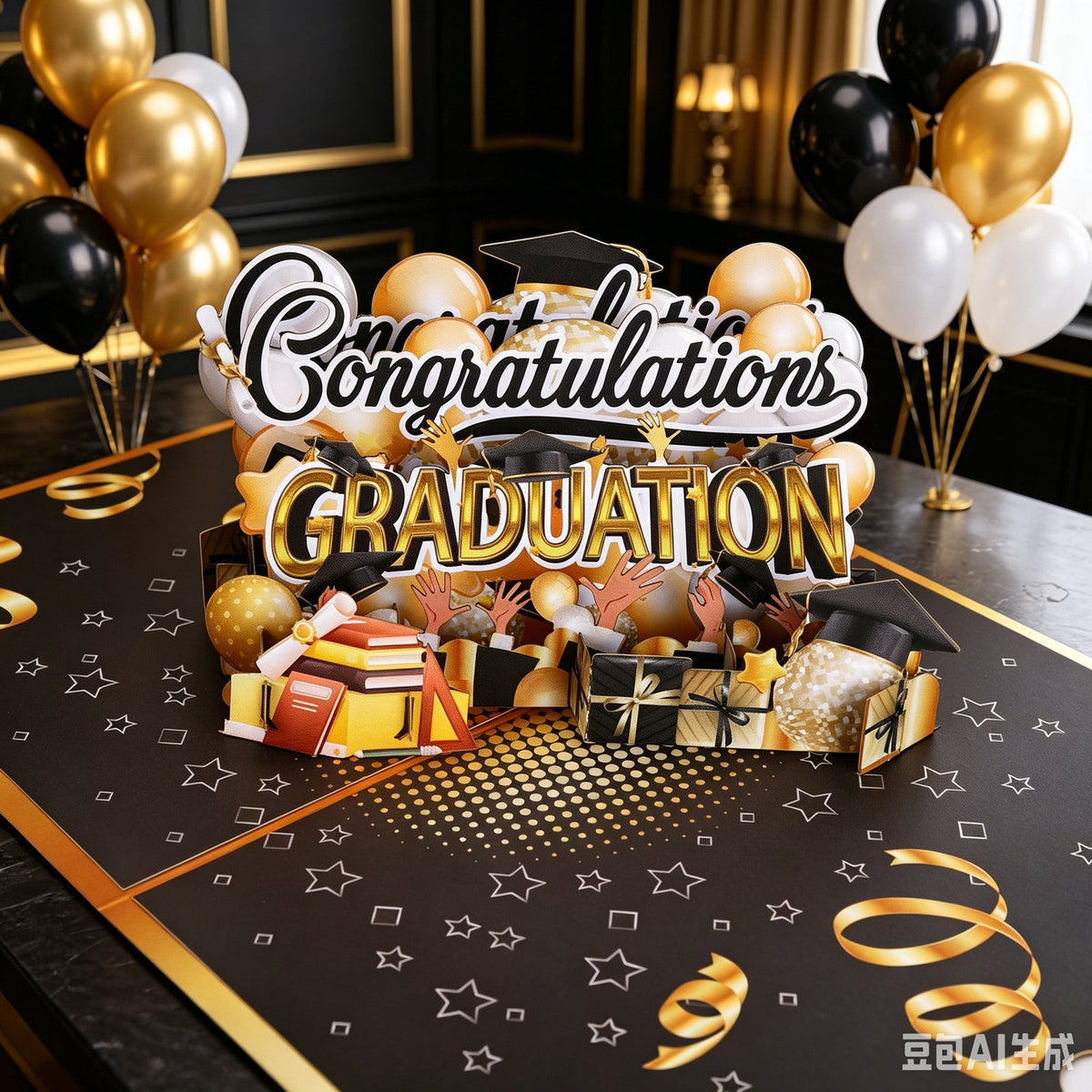 Black Gold Balloon Congratulations Graduation 3D Pop Up Card