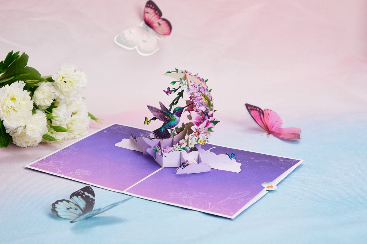 Hummingbird Fresh Flowers Crescent Moon 3D Pop Up Card