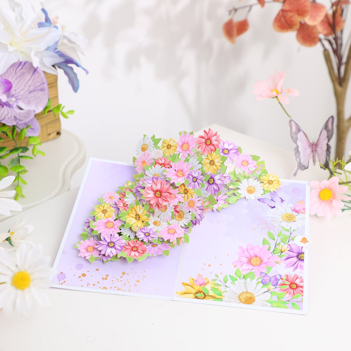 Mixed Color Cosmos Floral Branch Greeting Card