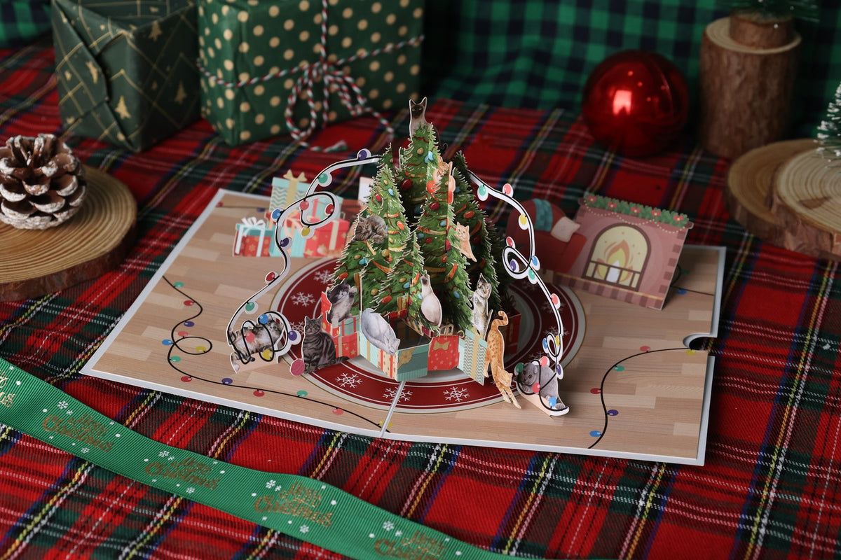 Cat Christmas Tree Fairy Lights Greeting Card