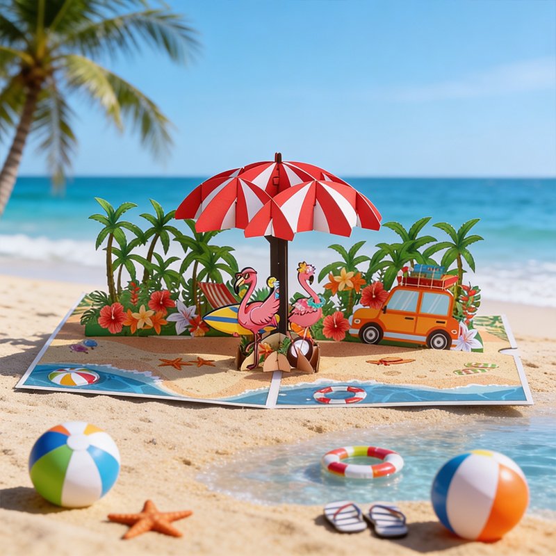Tropical Beach Flamingo Pop Up Card