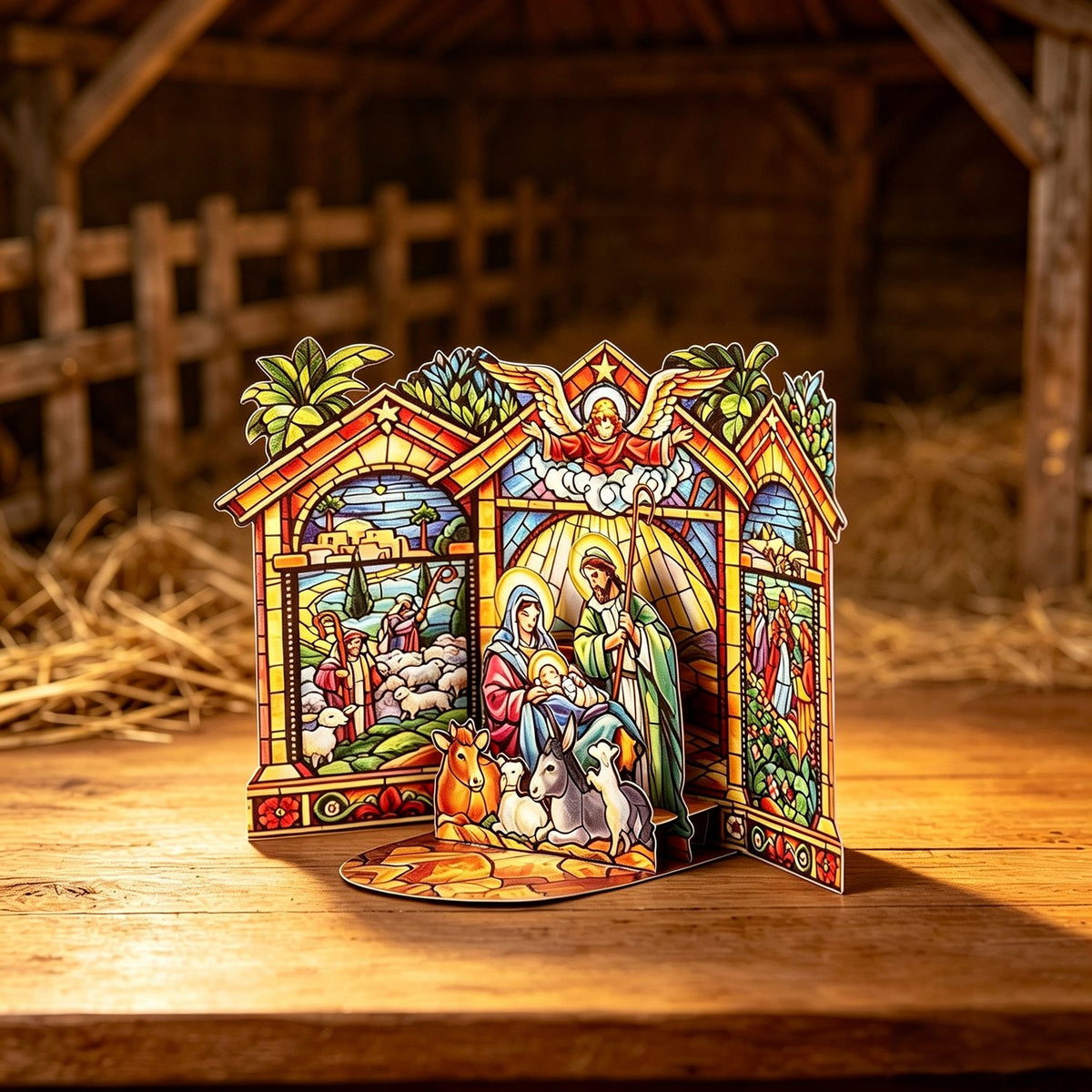 Stained Glass Nativity Double Door Card