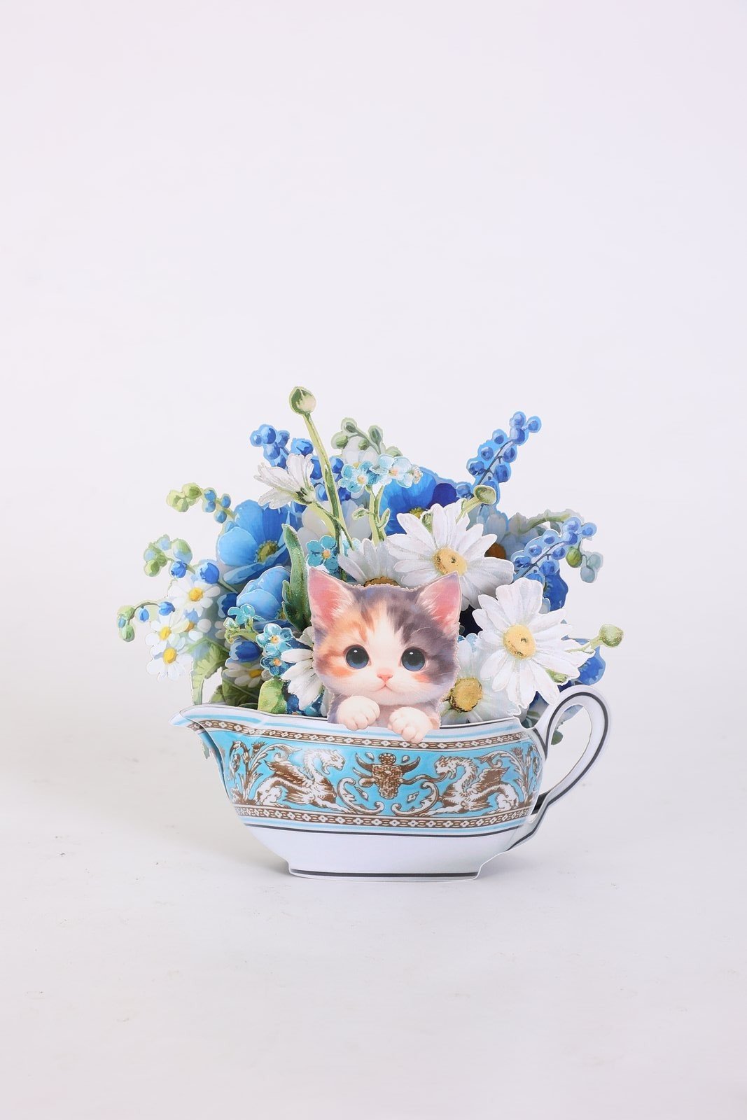 Teapot Cat Flower Bouquet 3D Pop Up Card