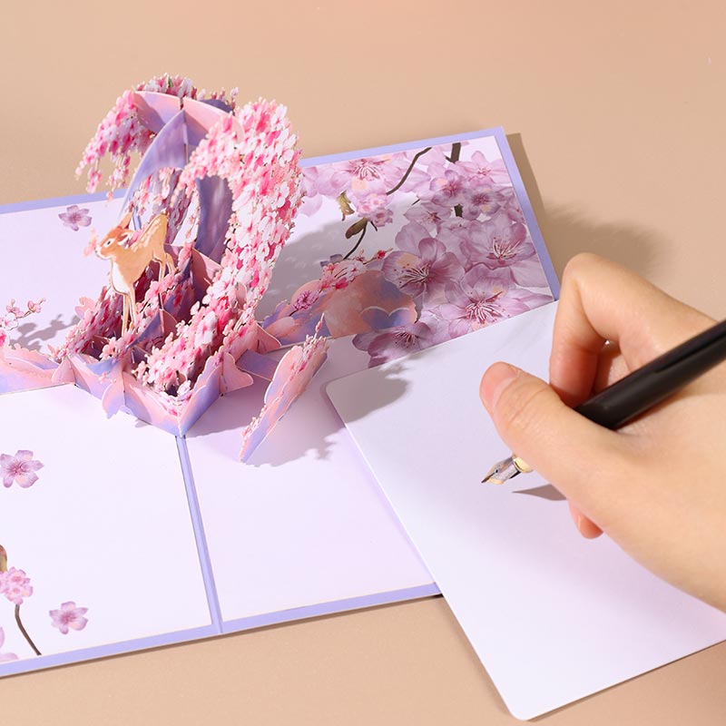Cost-effective 3D Pop-up Card Deer & Cherry Blossom Greeting Card for Wedding Birthday Anniversary