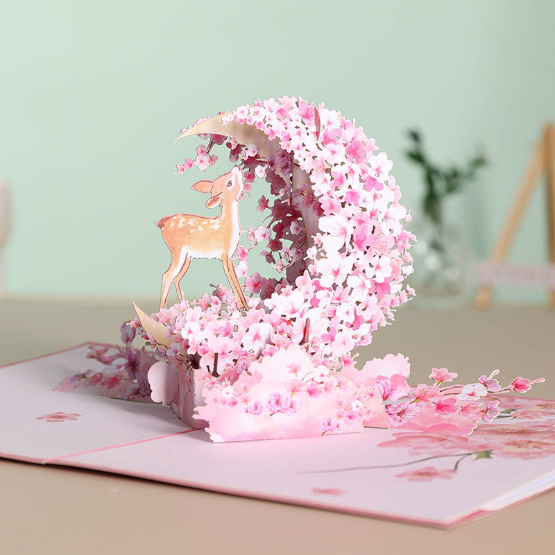 Card Supplier Direct Sale Cherry Blossom & Deer Greeting Card Spring Flpral 3D Pop-up Card