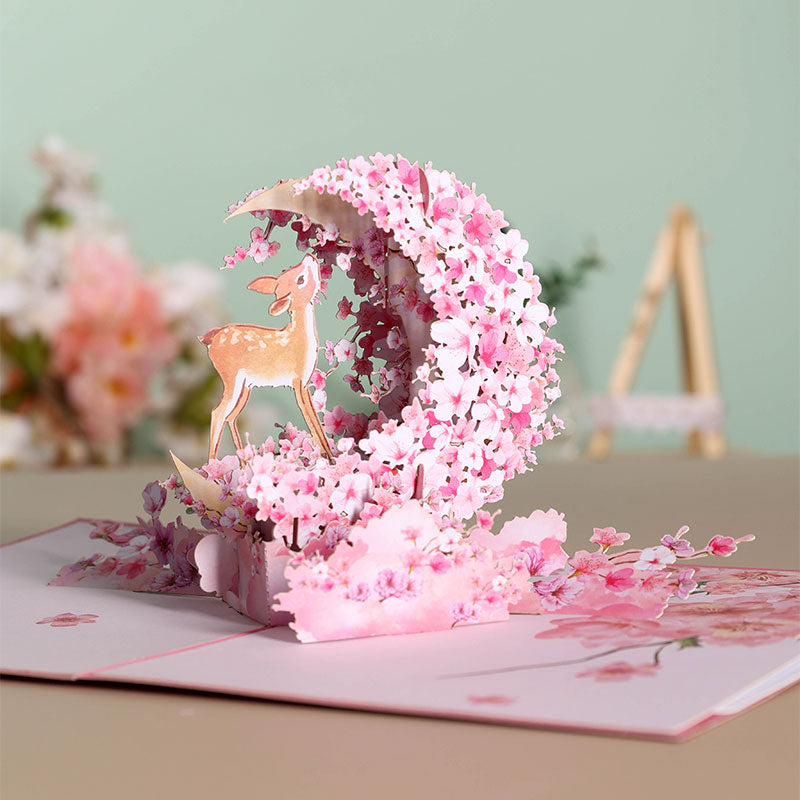 Card Supplier Direct Sale Cherry Blossom & Deer Greeting Card Spring Flpral 3D Pop-up Card