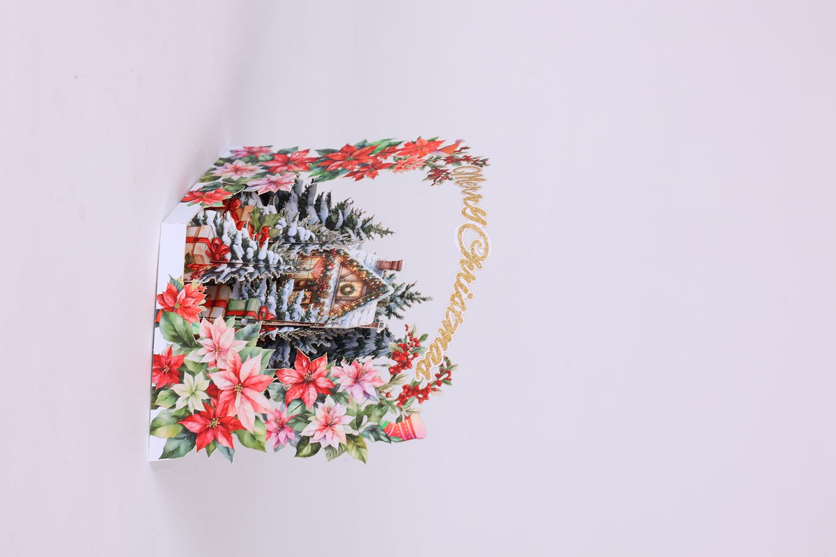 Christmas Floral Wreath Snowy House Greeting Card
