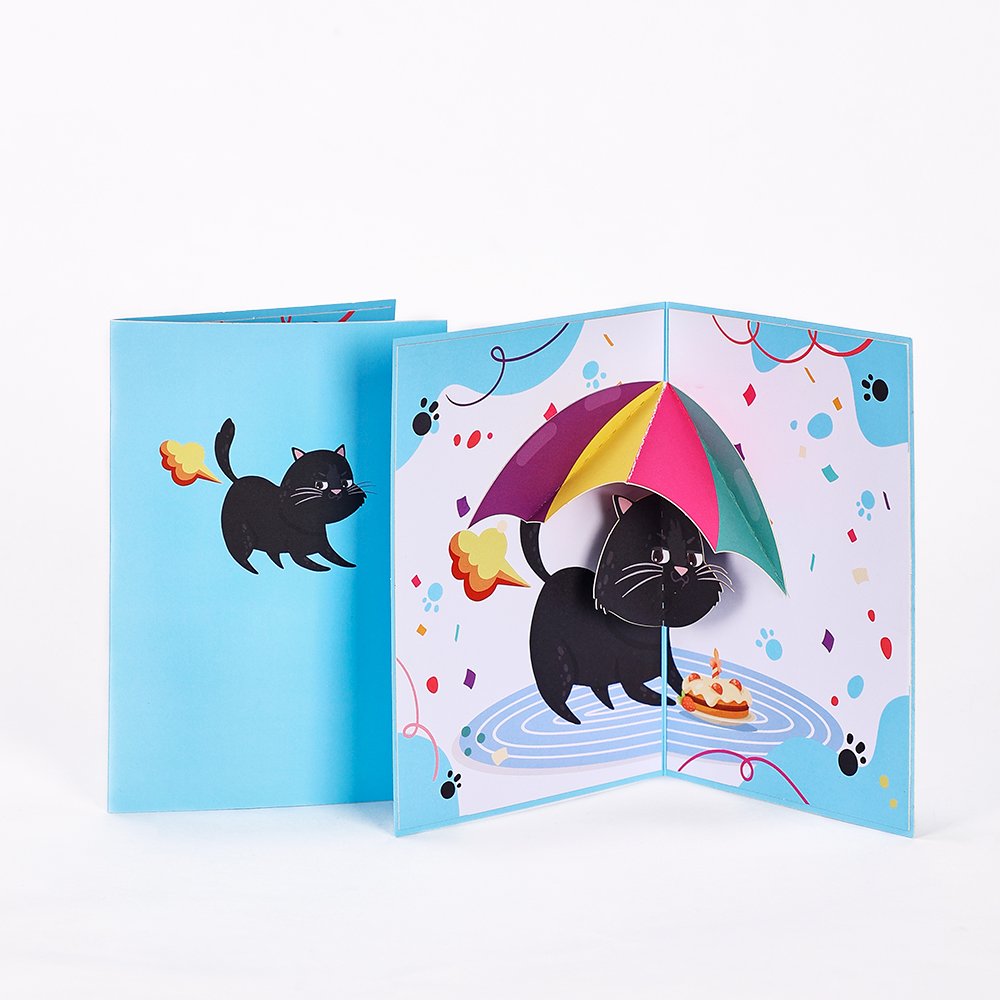 With Umbrella Cat Blue Pop Up Card