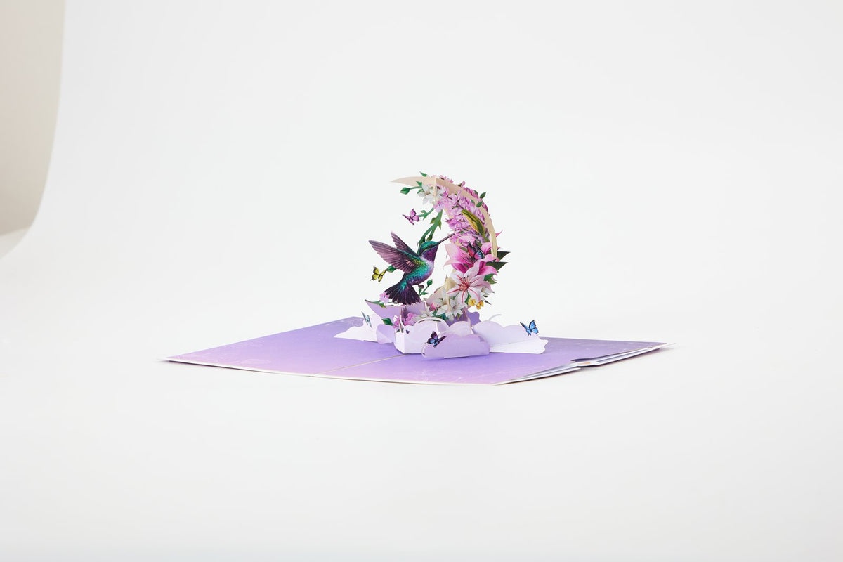 Hummingbird Fresh Flowers Crescent Moon 3D Pop Up Card