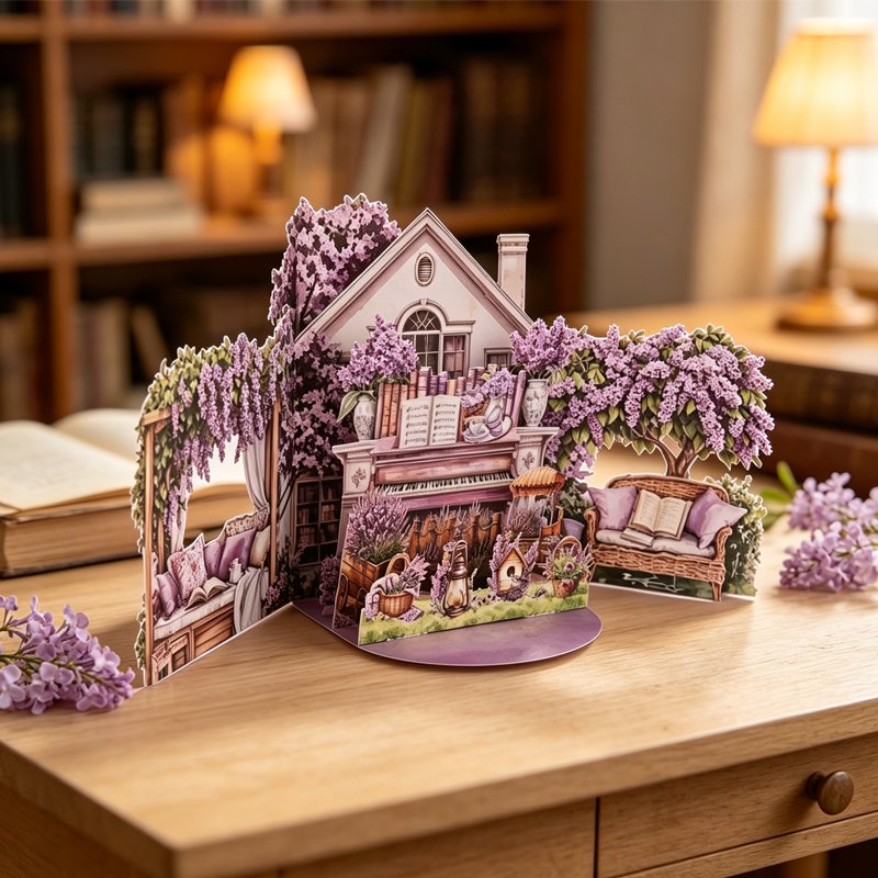 Flower Book House Double Door Pop Up Card