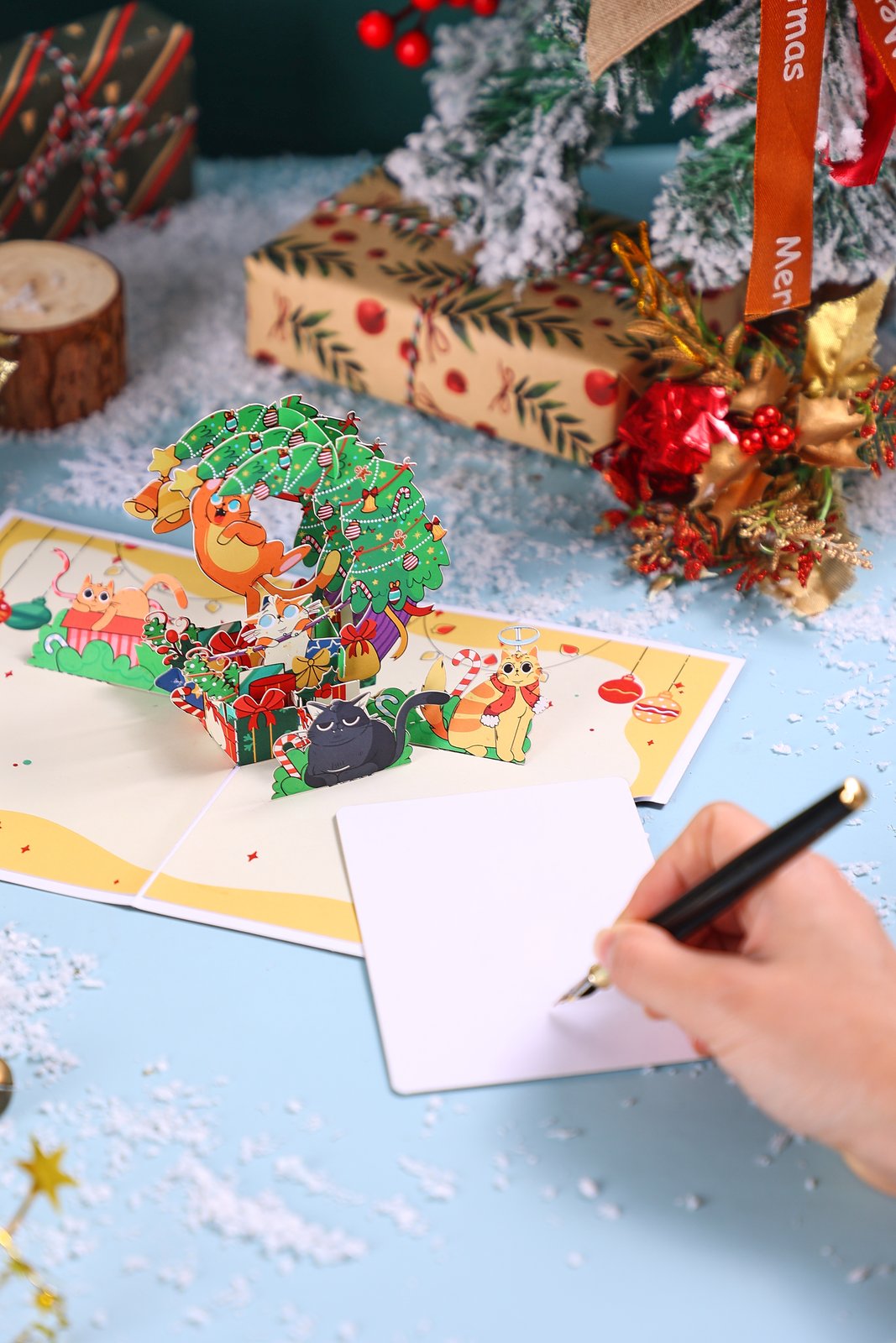 Cat Christmas Tree Crescent Moon 3D Pop Up Card