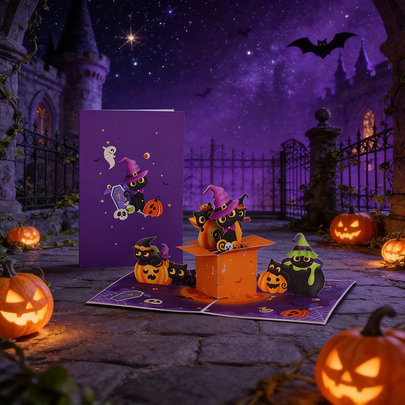 Moon Cat Box Halloween Greeting Card