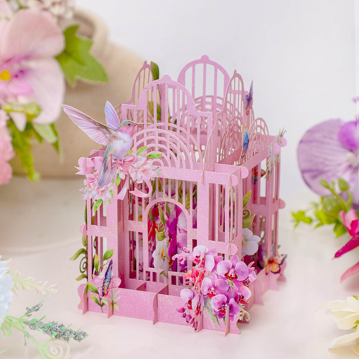 Pink Purple Orchid Birdcage 3D Pop Up Card