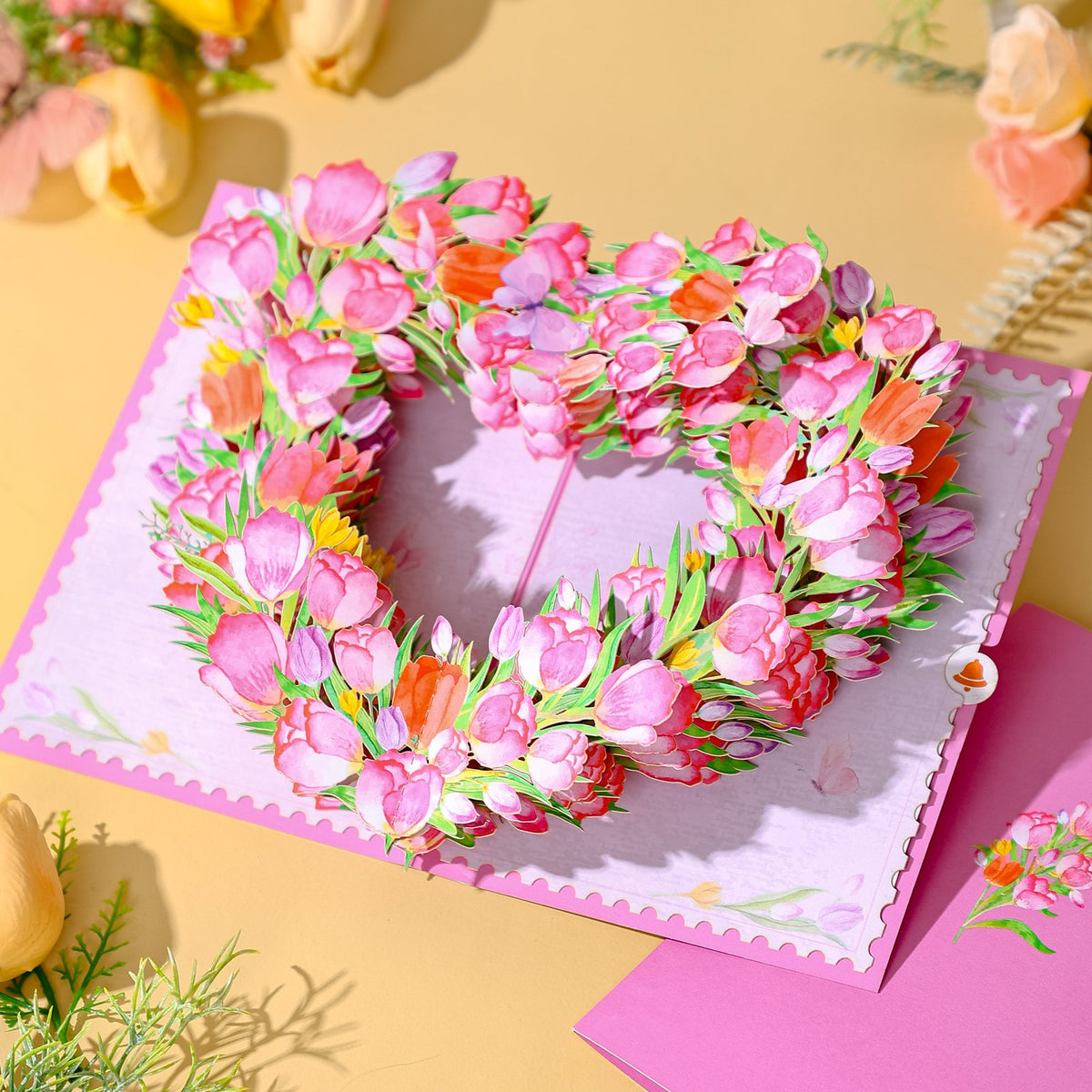 Pink Tulip Heart Floral Wreath 3D Pop Up Card