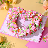 Pink Tulip Heart Floral Wreath 3D Pop Up Card