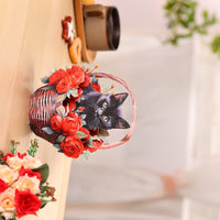 Black Cat Red Rose Basket Hanging Ornament