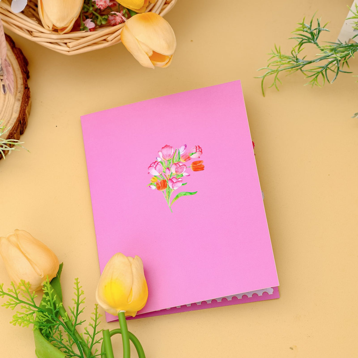 Pink Tulip Heart Floral Wreath 3D Pop Up Card