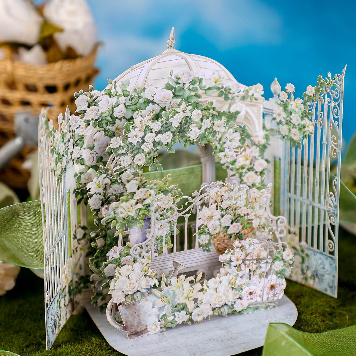 White Rose Double Door Ribbon Greeting Card
