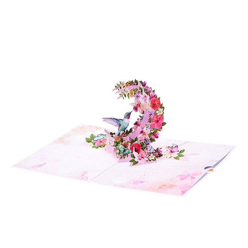 Hibiscus Crescent Moon Hummingbird Pop Up Card