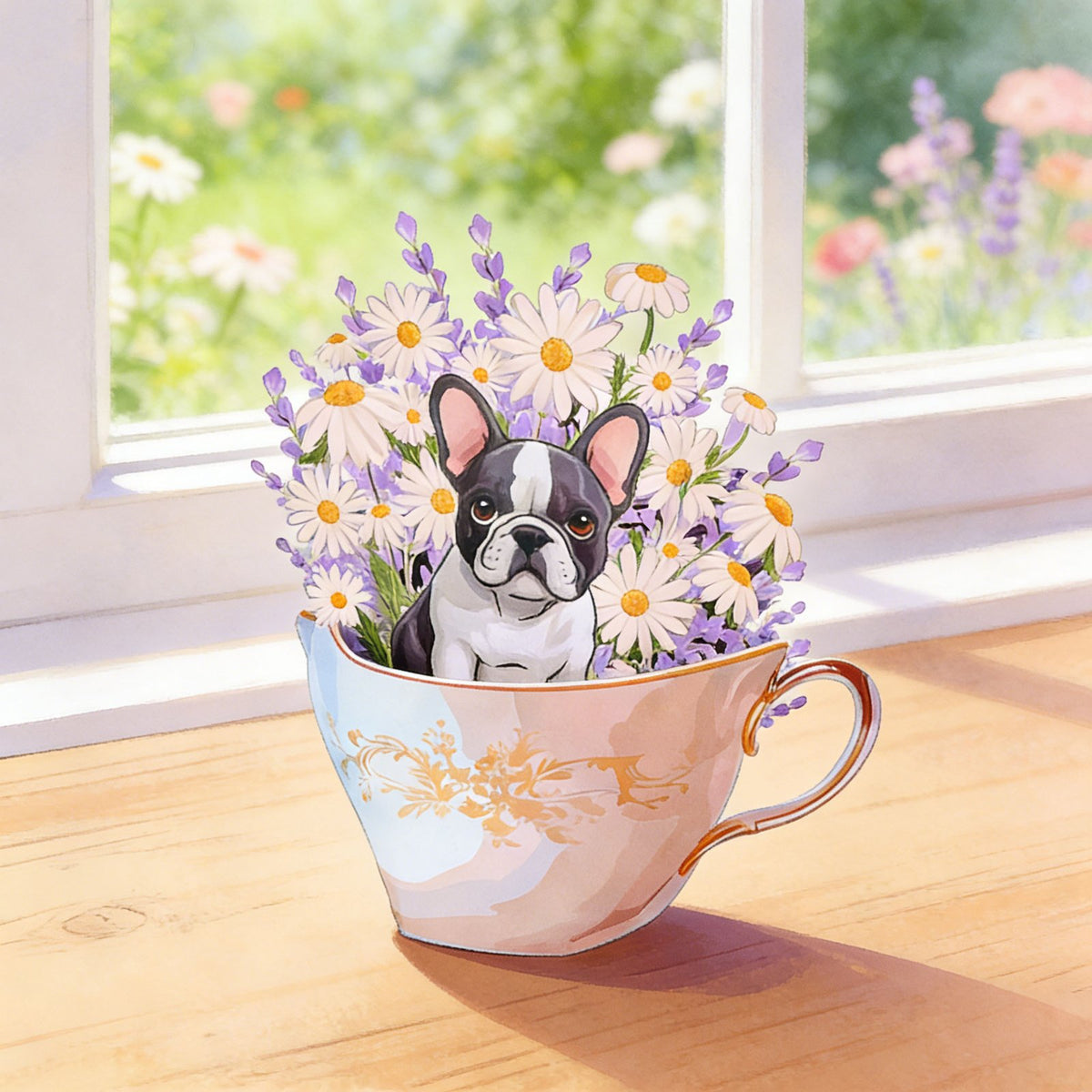 French Bulldog Daisy Teacup 3D Pop Up Card