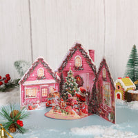 Pink Christmas Snowy House Greeting Card