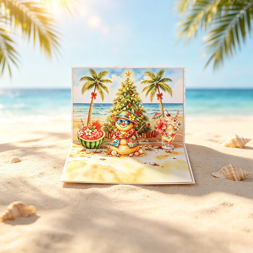 90° Christmas Snowman Beach Greeting Card