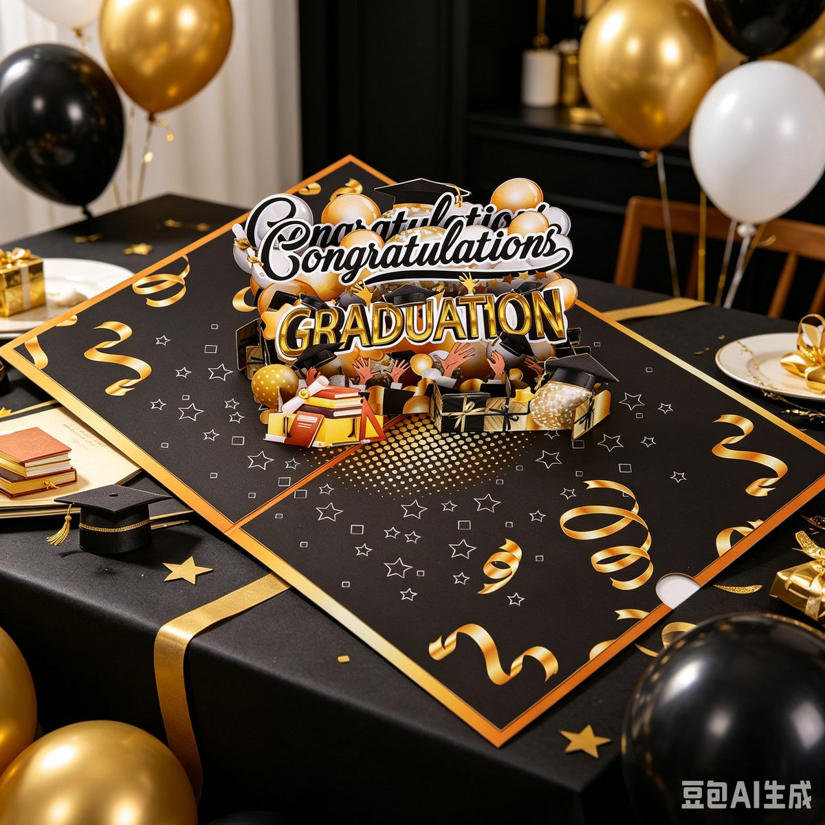 Black Gold Balloon Congratulations Graduation 3D Pop Up Card