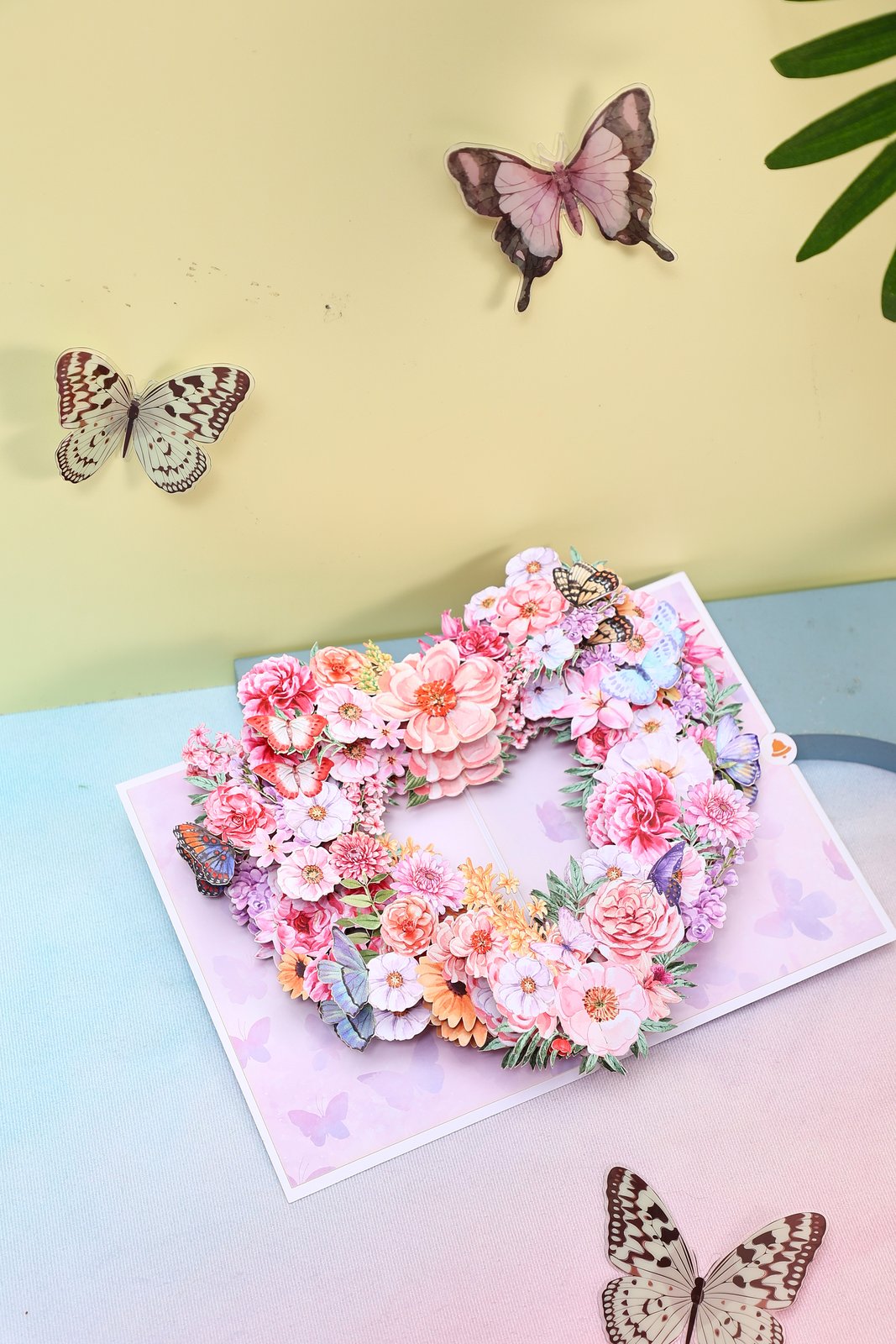 Purple Heart Fresh Flowers Butterfly Floral Wreath Pop Up Card