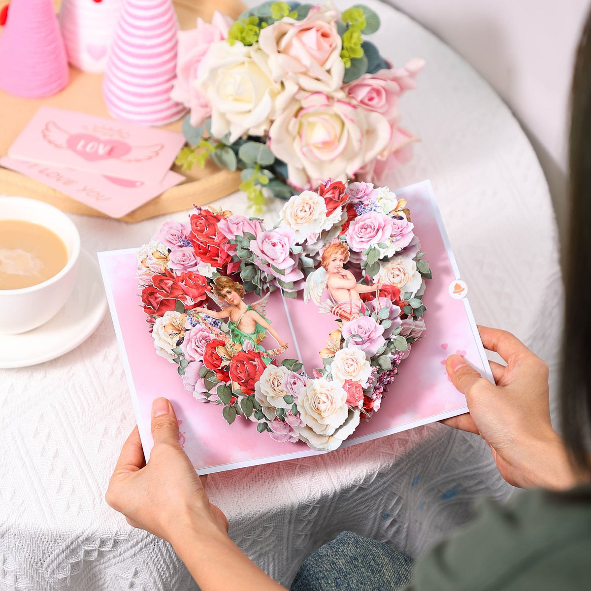 Vintage Angel Heart Floral Wreath Pop Up Card