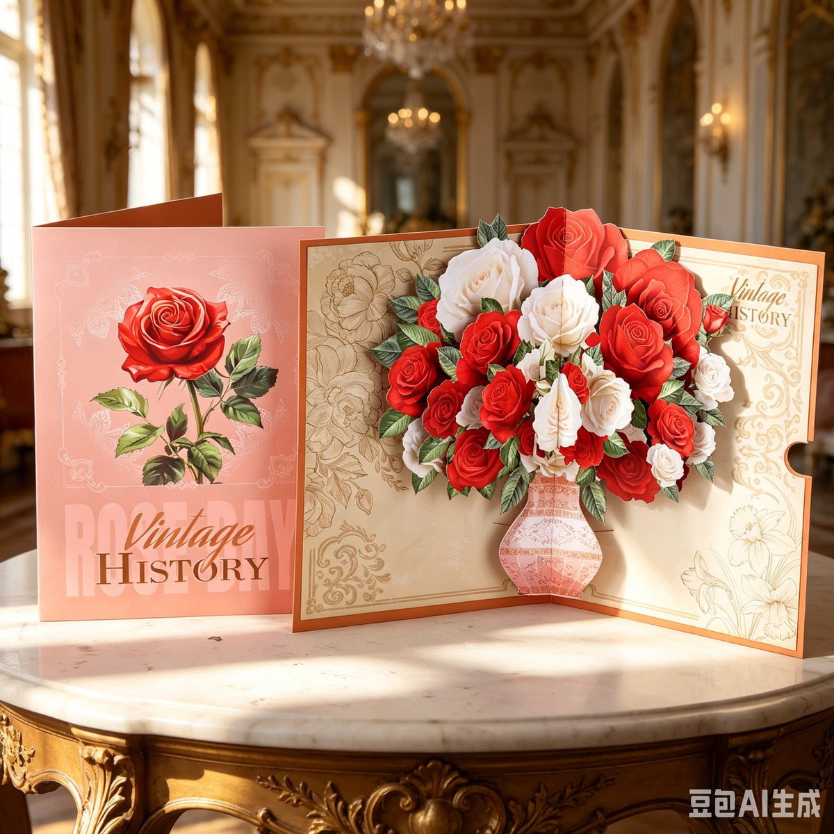 Red White Rose Fresh Flowers Flower Vase 3D Pop Up Card