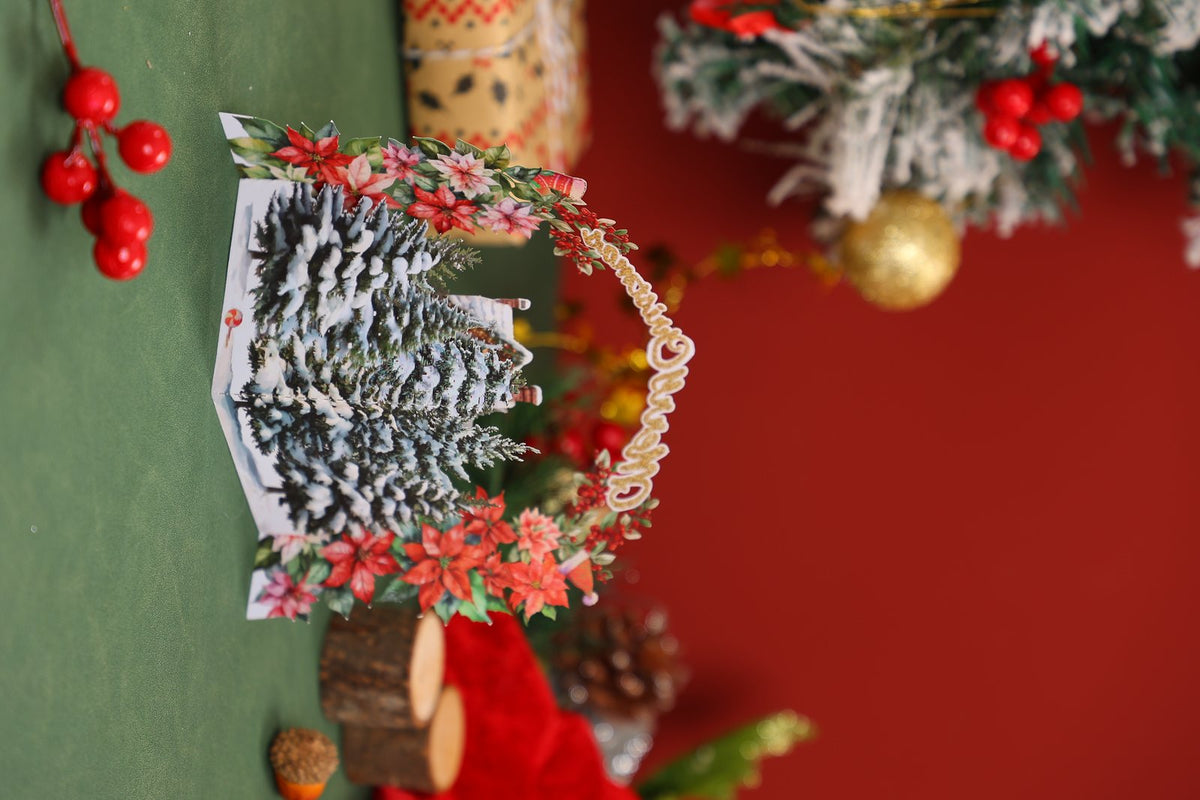 Christmas Floral Wreath Snowy House Greeting Card