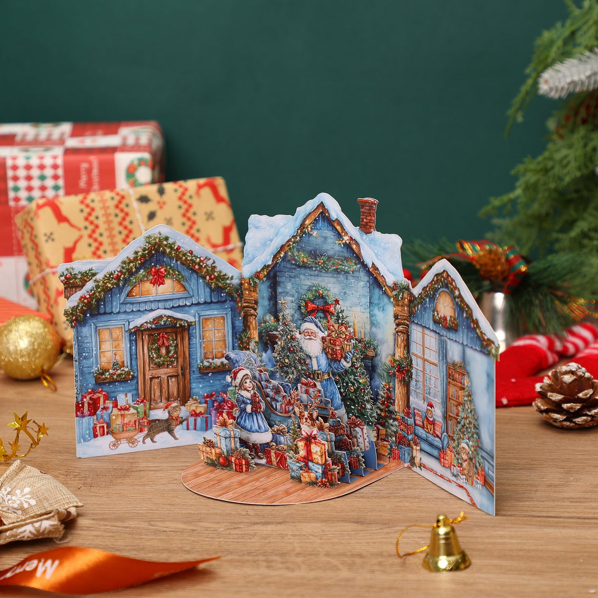 Blue Christmas Yard Double Door 3D Pop Up Card