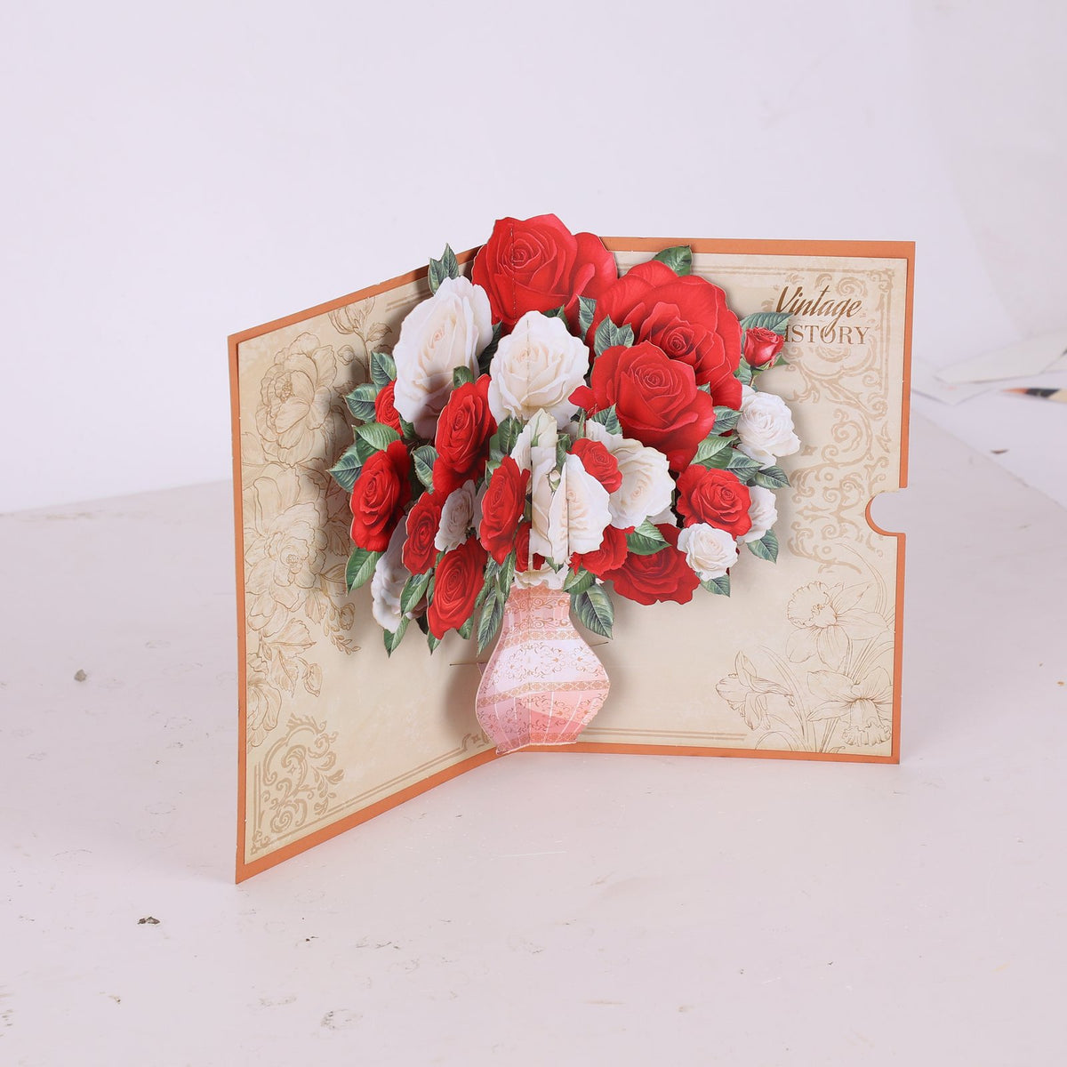 Red White Rose Fresh Flowers Flower Vase 3D Pop Up Card
