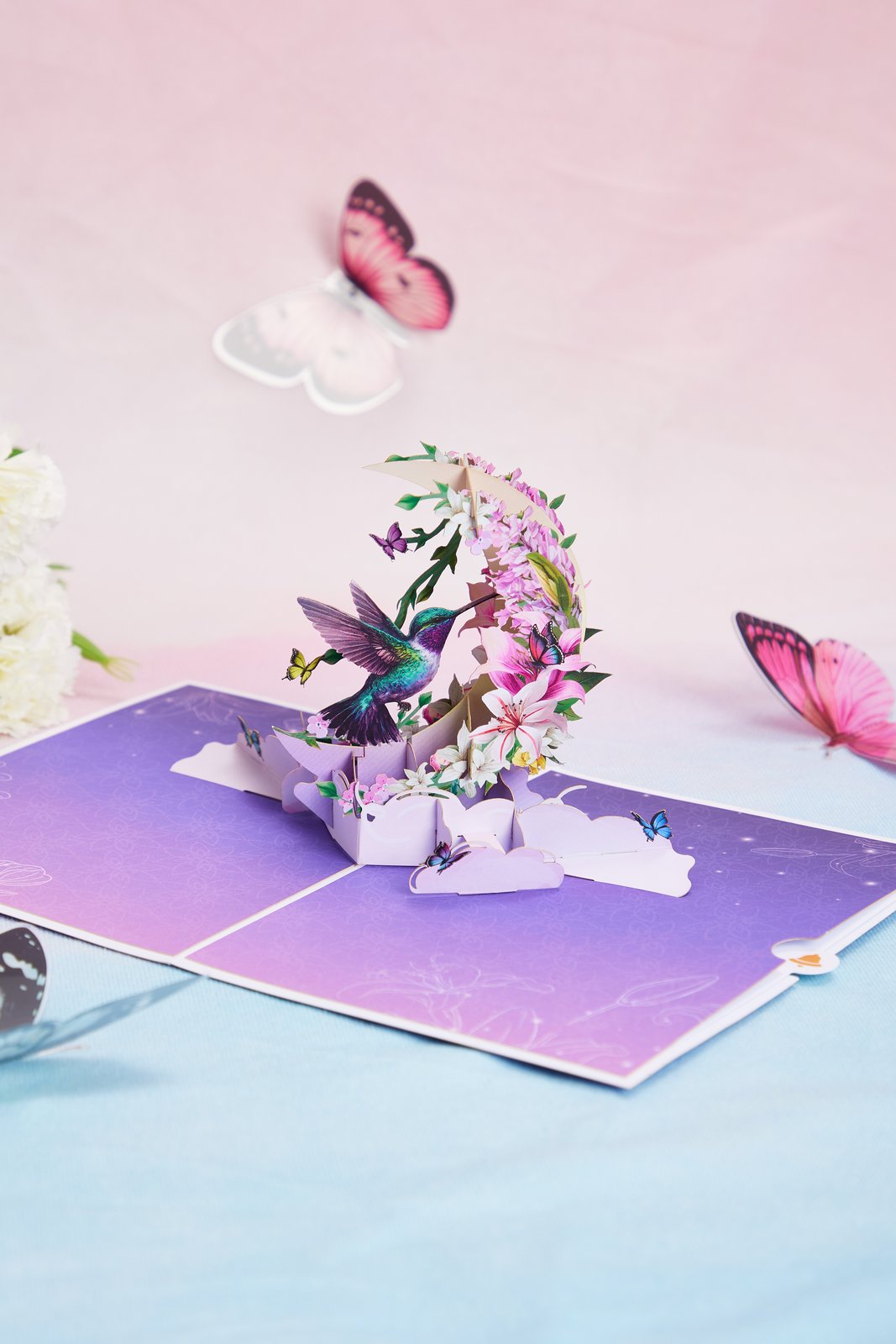 Hummingbird Fresh Flowers Crescent Moon 3D Pop Up Card
