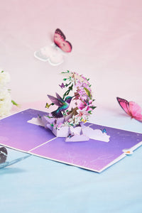 Hummingbird Fresh Flowers Crescent Moon 3D Pop Up Card