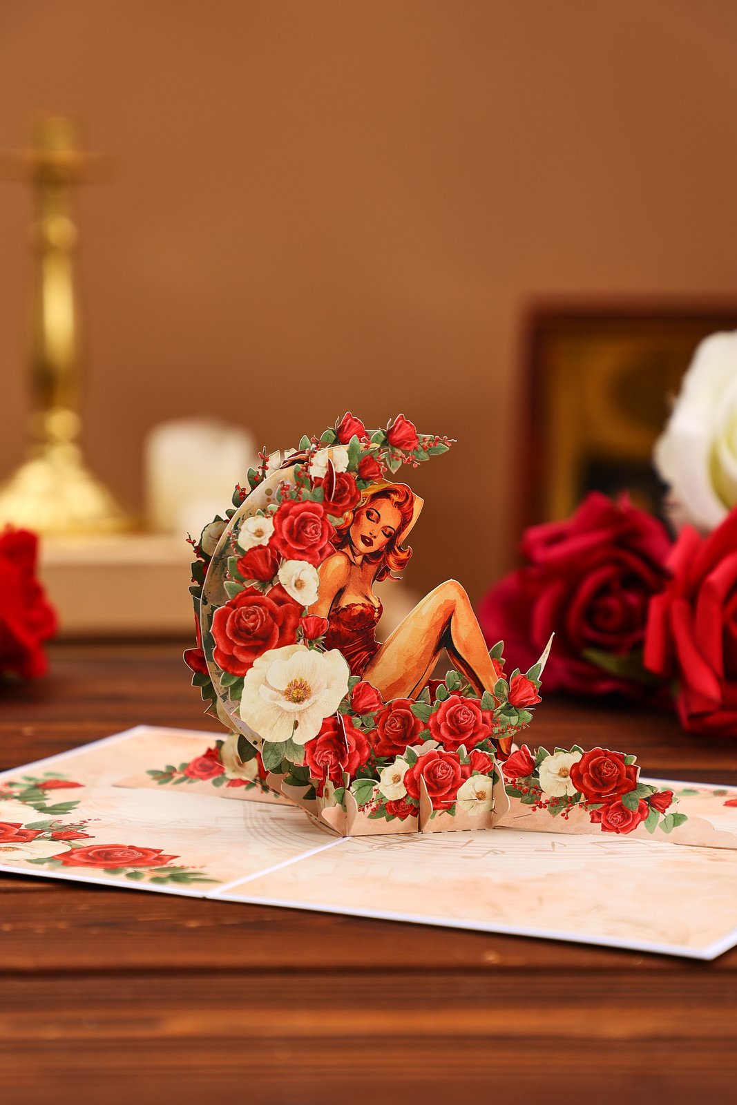 Crescent Moon Rose Lady Pop Up Card