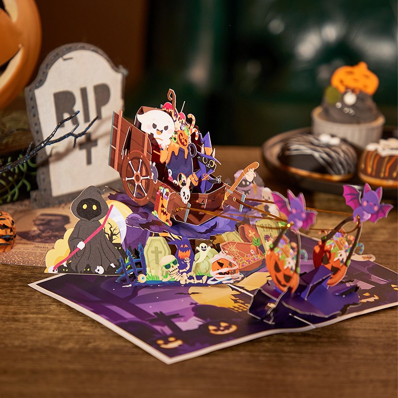 Halloween Cat & Bat Cart Pop Up Card
