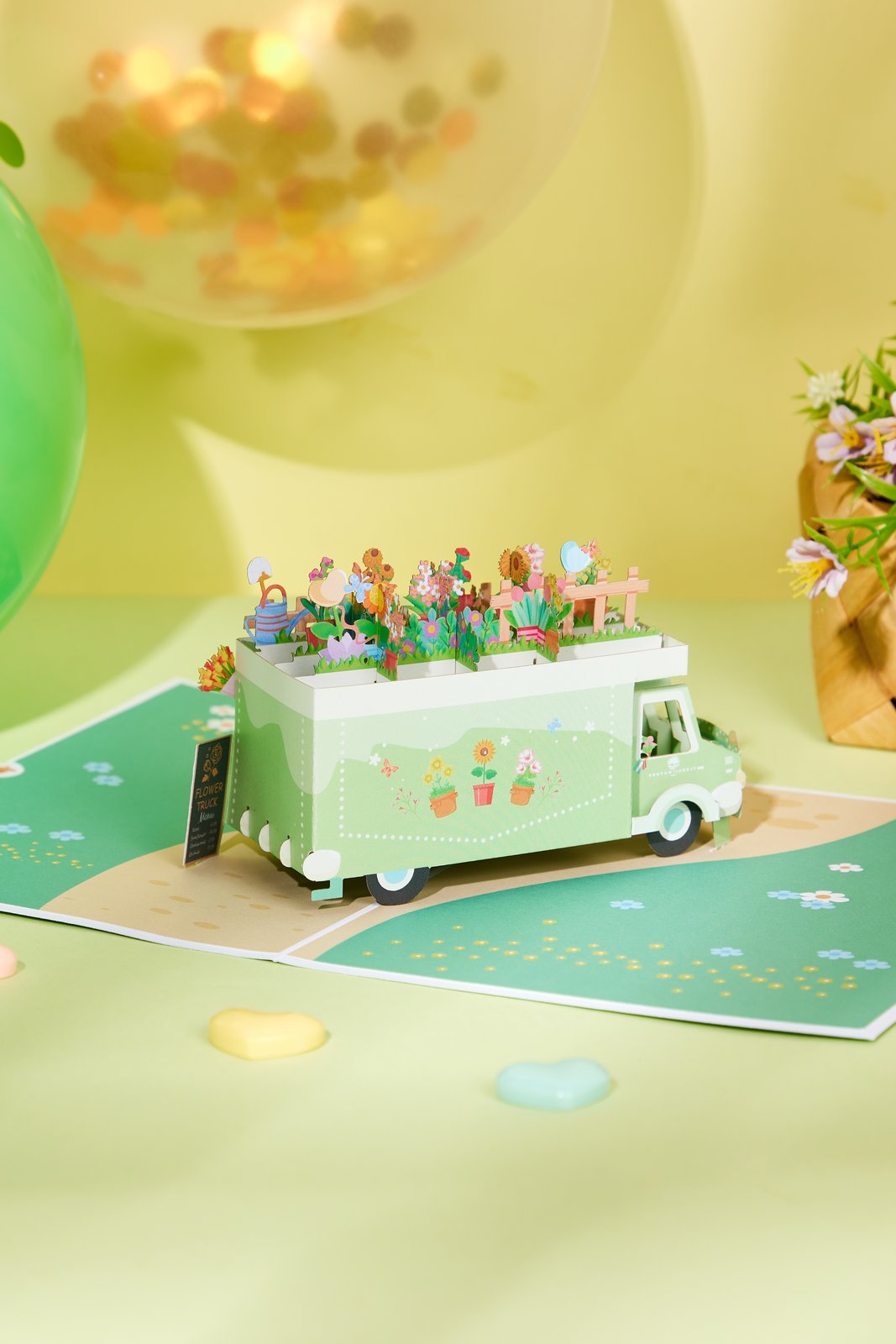 Premium Flower Cart 3D Pop Up Card Light Green