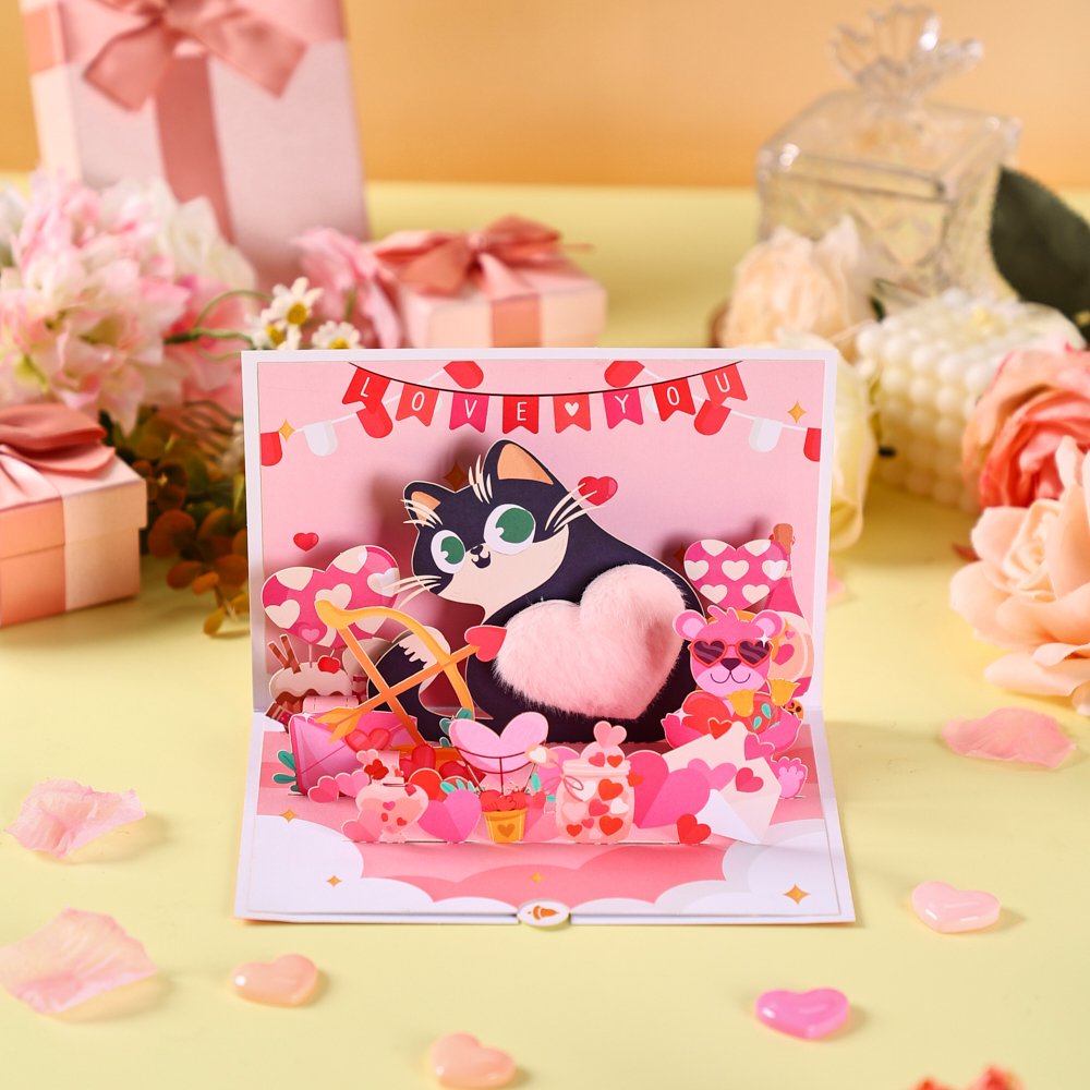Plush Heart Cat Valentine's Day Greeting Card