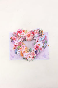 Purple Heart Fresh Flowers Butterfly Floral Wreath Pop Up Card