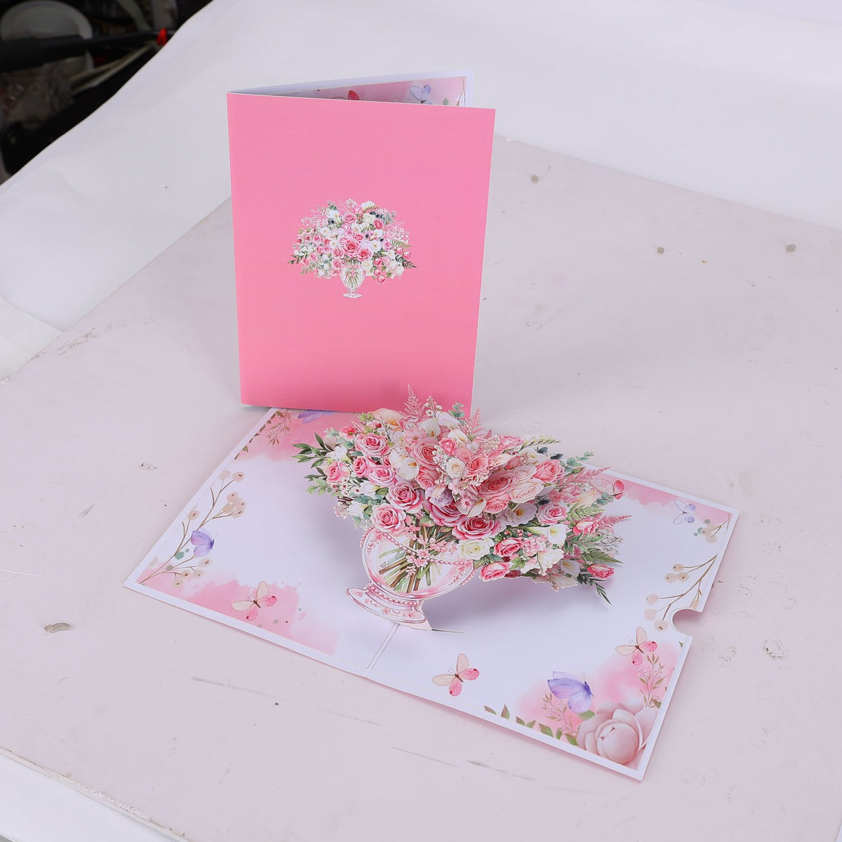 Pink Rose Flower Vase Pop Up Card