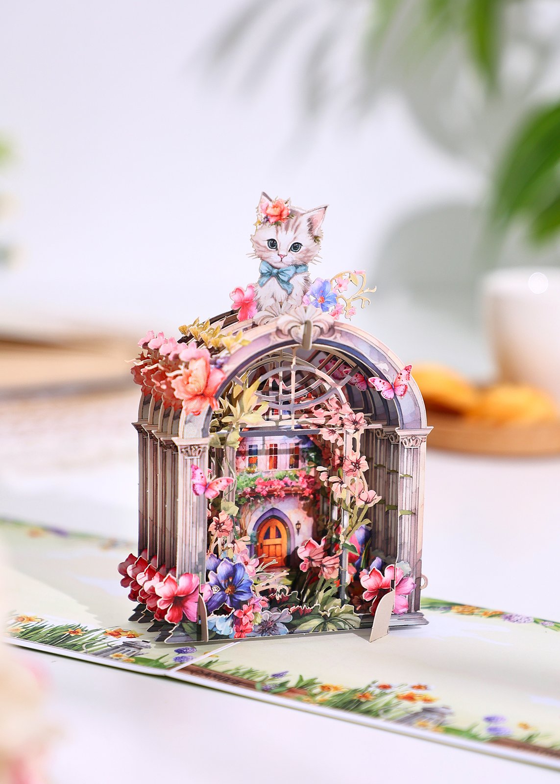 Cat Gardening Stained Glass Window 3D Pop Up Card