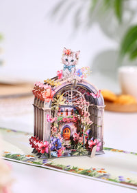 Cat Gardening Stained Glass Window 3D Pop Up Card