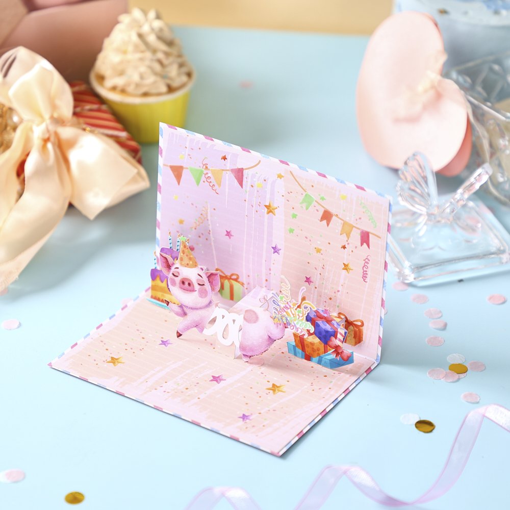Pink Spring Toy Pig 90° Greeting Card