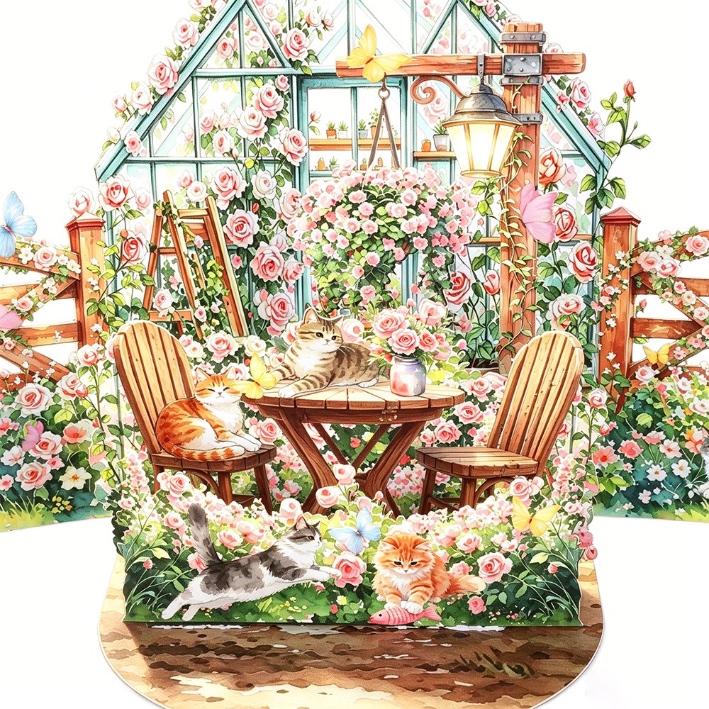 Cat Flower House Double Door Card