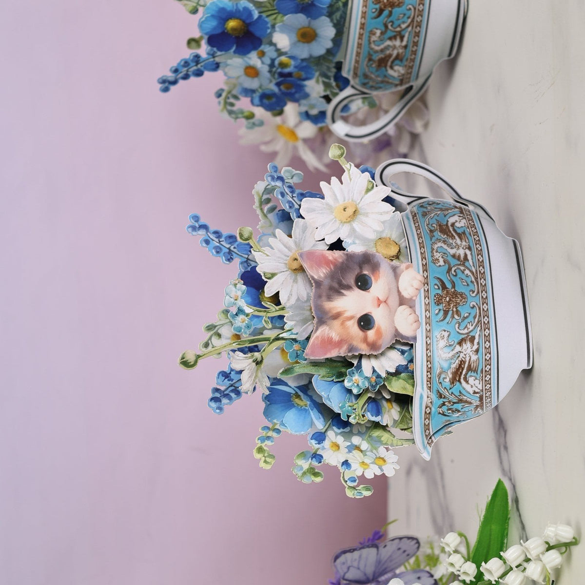 Teapot Cat Flower Bouquet 3D Pop Up Card