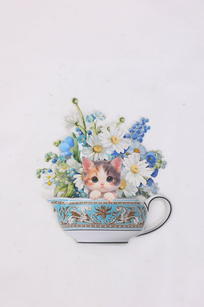 Teapot Cat Flower Bouquet 3D Pop Up Card