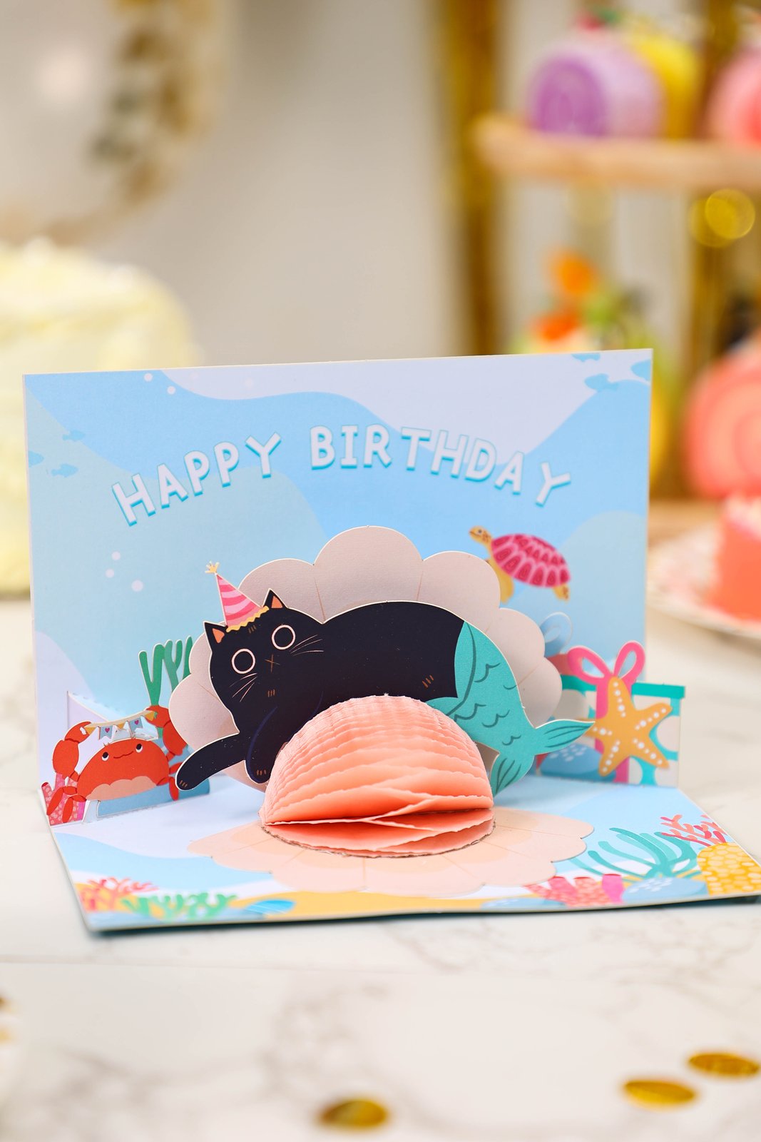 Seashell Pearl Cat Fish Birthday 3D Pop Up Card
